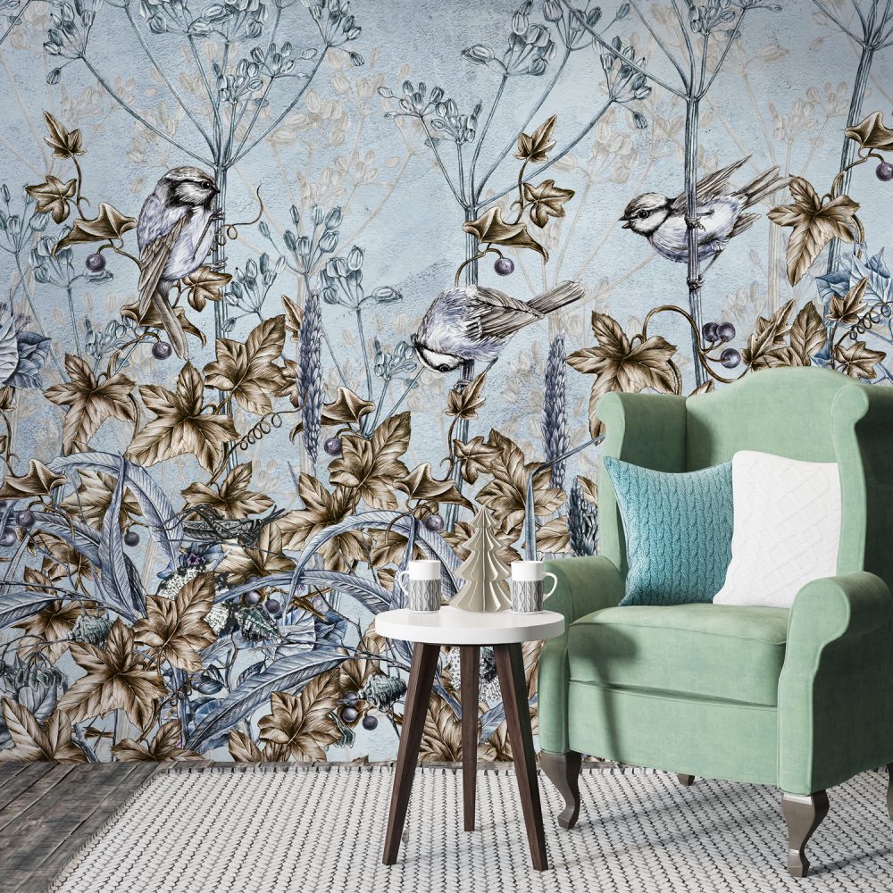 Floral Wallpaper, Blue Tropical Bird Wallpaper, Peel and Stick Mural, Home Decor, Vintage Print Wallpaper Mural, Rose Wallpaper