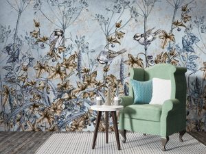 Floral Wallpaper, Blue Tropical Bird Wallpaper, Peel and Stick Mural, Home Decor, Vintage Print Wallpaper Mural, Rose Wallpaper