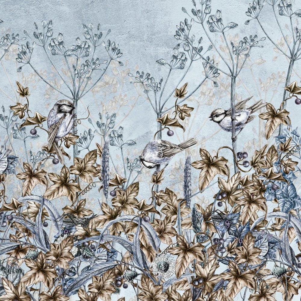 Floral Wallpaper, Blue Tropical Bird Wallpaper, Peel and Stick Mural, Home Decor, Vintage Print Wallpaper Mural, Rose Wallpaper