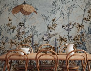 Floral Wallpaper, Blue Tropical Bird Wallpaper, Peel and Stick Mural, Home Decor, Vintage Print Wallpaper Mural, Rose Wallpaper