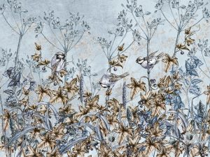 Floral Wallpaper, Blue Tropical Bird Wallpaper, Peel and Stick Mural, Home Decor, Vintage Print Wallpaper Mural, Rose Wallpaper